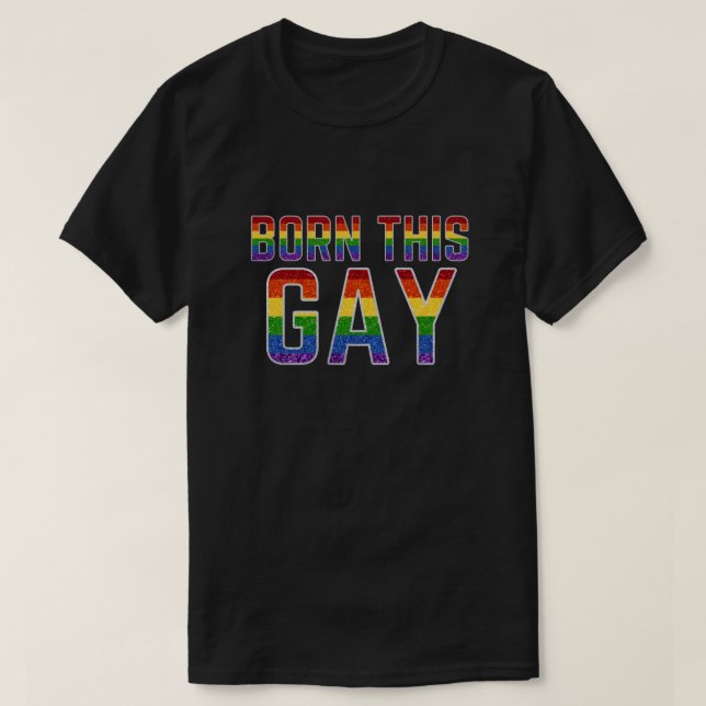 Camiseta Nascer LGBT Rainbow Glitter Este Gay (Frente do Design)