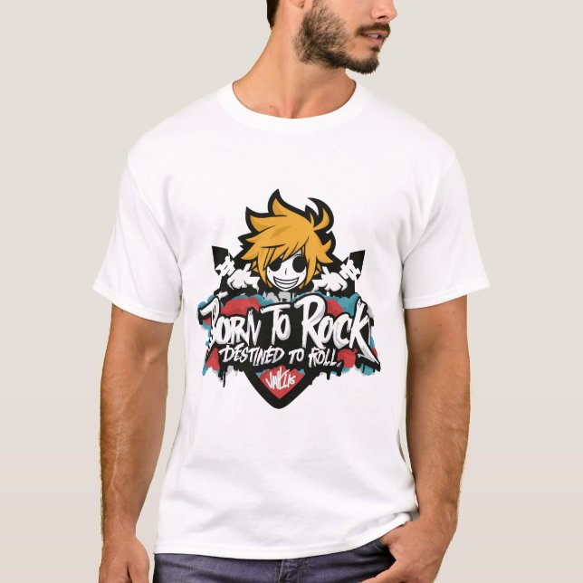Camiseta Nascer para rocha destinado ao rolo, gibis, grafit (Frente)