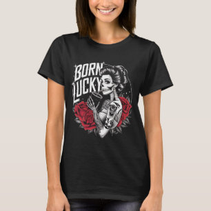 Camiseta Nascer Sortudo Tatuagem Arte Skeleton Rapariga Ros