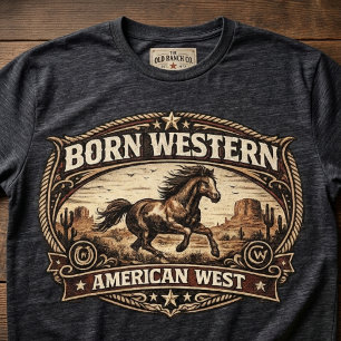Camiseta Nascido no Oeste Rancho Americana Cavalo Corrend