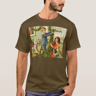 Camiseta Natais vintages Crianças Vitorianas a Decorarem