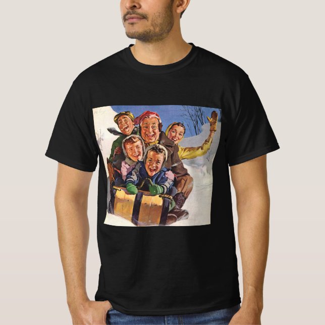 Camiseta Natais vintages, Feliz Família Toboggan Sledim (Frente)