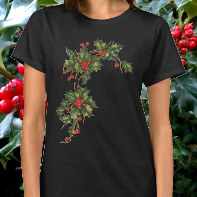 Camiseta Natais vintages, Holly Plant com Red Berries (Criador carregado)