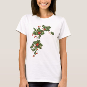 Camiseta Natais vintages, Holly Plant com Red Berries