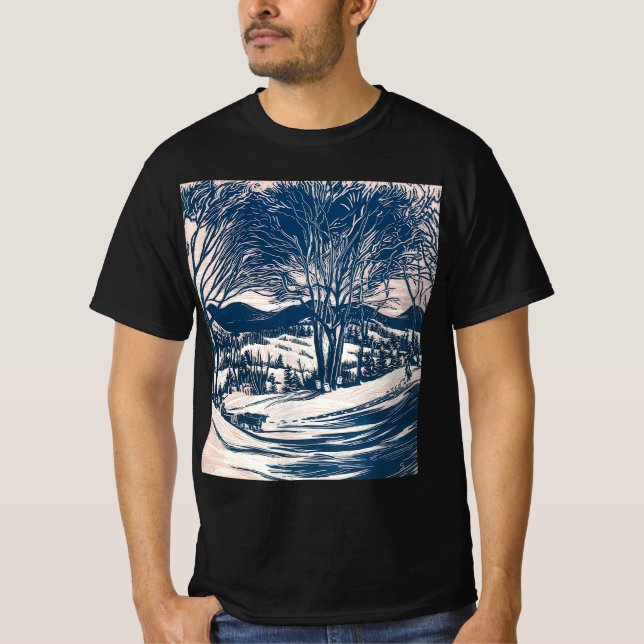 Camiseta Natais vintages, paisagem da montanha de inverno (Frente)