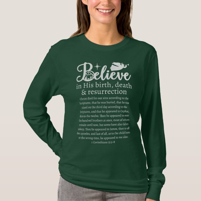 Camiseta Natal Acredita em Jesus Natividade Verde Longa Fol (Frente)
