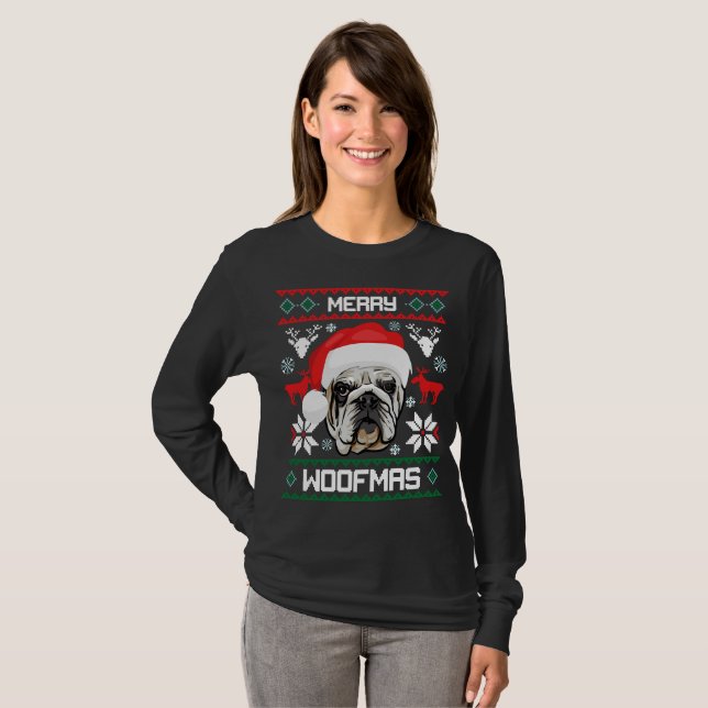 Camiseta Natal alegre de Woofmas do buldogue inglês (Frente Completa)