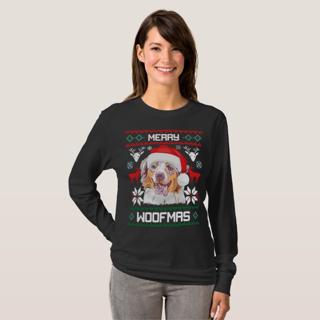 Camiseta Natal alegre de Woofmas do pastor australiano (Frente Completa)