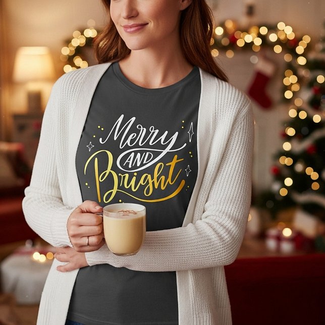 Camiseta Natal alegre e brilhante branco e dourado (Criador carregado)