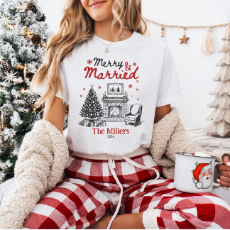 Camiseta Natal Alegre e Casado Lareira Nome Personalizado