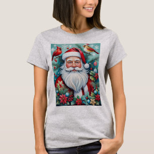 Camiseta Natal Alegre Papai Noel e Cardinals
