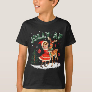 Camiseta Natal Alegre Retro Anos 50 Garota Fofa e Cervo Vi