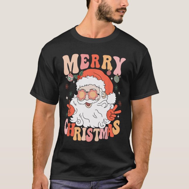Camiseta Natal Alegre Retro Groovy Santa Claus da Moda (Frente)