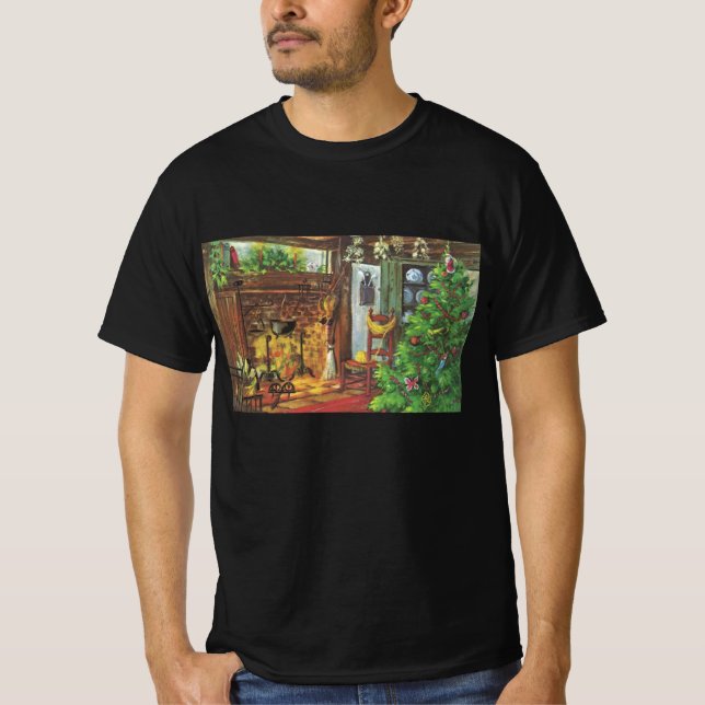 Camiseta Natal Antigo, Cabana Aconchegante com Lareira (Frente)