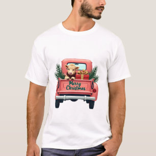 Camiseta Natal Antigo Cow Highland Rosa na Fazenda