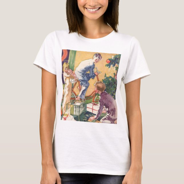 Camiseta Natal Antigo de Manhã, Crianças com Presentes (Frente)