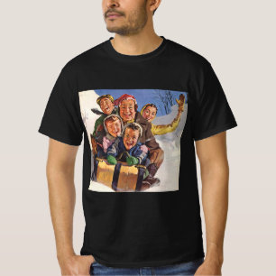Camiseta Natal Antigo, Família Feliz Deslizando no Trenó