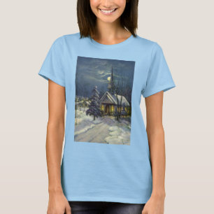 Camiseta Natal Antigo, Igreja de Inverno na Neve com a Lua