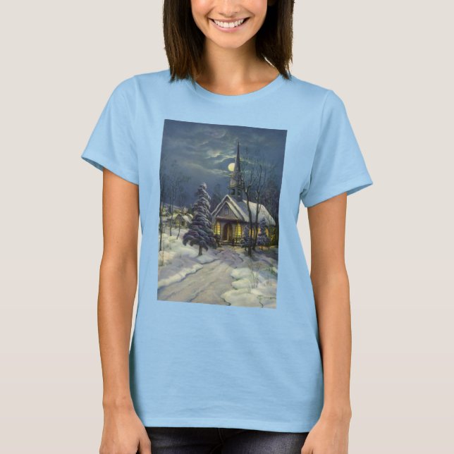 Camiseta Natal Antigo, Igreja de Inverno na Neve com Lua (Frente)