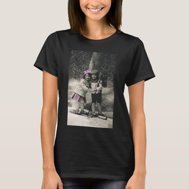 Camiseta Natal Antigo, Melhores Amigos nos Esquis (Frente)
