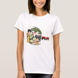 Camiseta Natal Antigo, Menino Feliz Brincando com Brinquedo