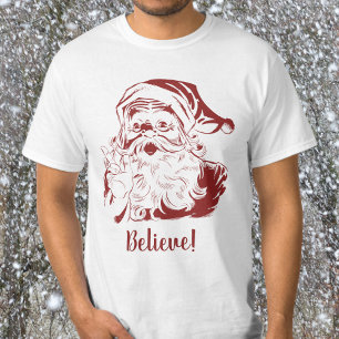 Camiseta Natal Antigo, Papai Noel Alegre Retro em Vermelho