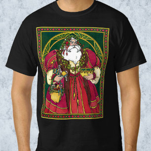 Camiseta Natal Antigo, Papai Noel com Folhas de Azevinho