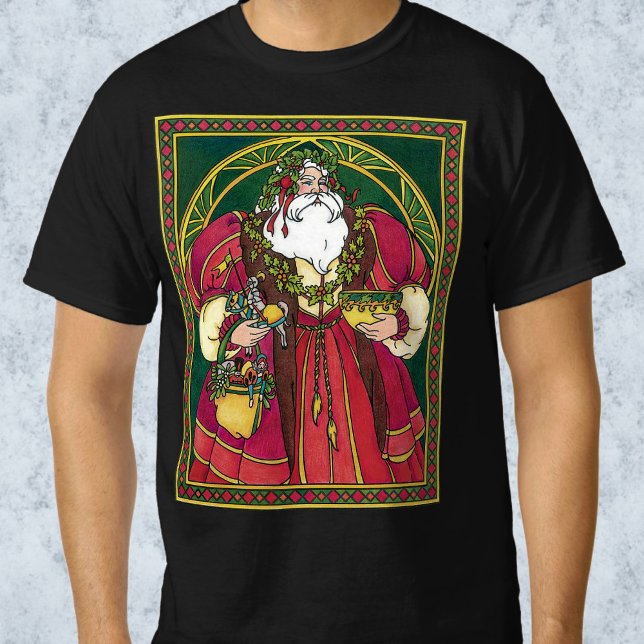 Camiseta Natal Antigo, Papai Noel com Folhas de Azevinho (Criador carregado)