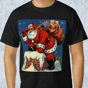 Camiseta Natal Antigo, Papai Noel Descendo a Chaminé com Br