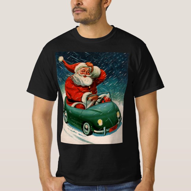 Camiseta Natal Antigo, Papai Noel em um Carro Fofo (Frente)