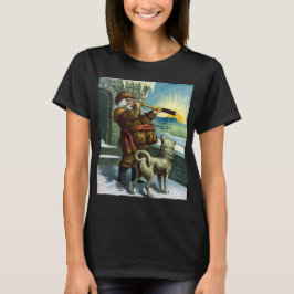 Camiseta Natal Antigo Papai Noel Telescópio Cão Pôr do Sol