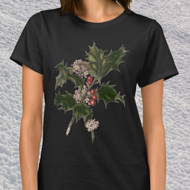 Camiseta Natal Antigo, Planta de Azevinho Verde com Frutas (Criador carregado)