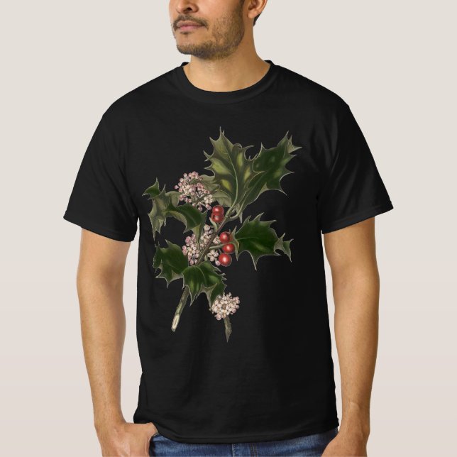 Camiseta Natal Antigo, Planta de Azevinho Verde com Frutas (Frente)