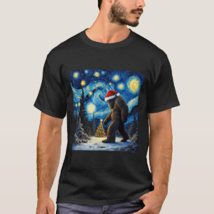 Camiseta Natal Bigfoot Santa Hat Van Gogh Starry Night