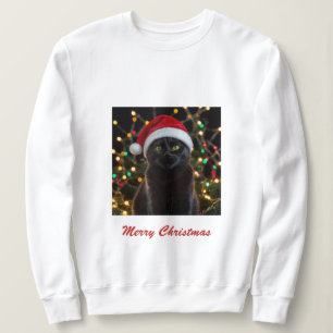 Camiseta Natal Black Cat - Foto personalizada do Santa Hat