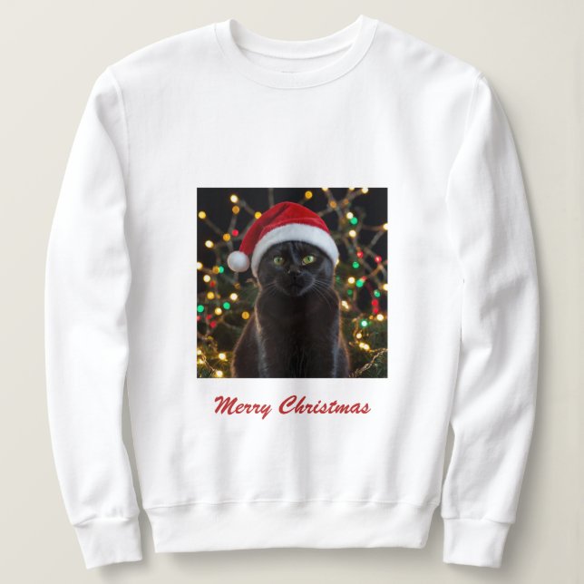 Camiseta Natal Black Cat - Foto personalizada do Santa Hat (Frente do Design)