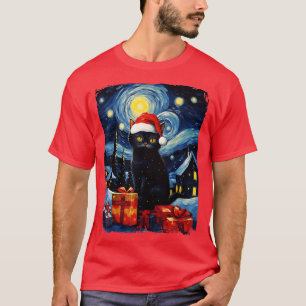 Camiseta Natal Black Cat Starry Night Van Gogh Retro Ca
