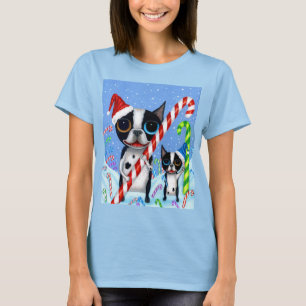Camiseta Natal Boston Terrier Cogs Candy Cane Santa Hat