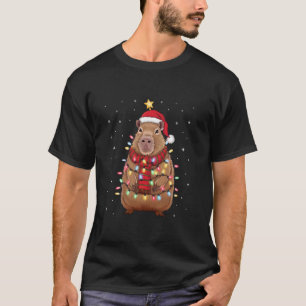 Camiseta Natal Capybara Com Santa Hat Xmas Lights Tree
