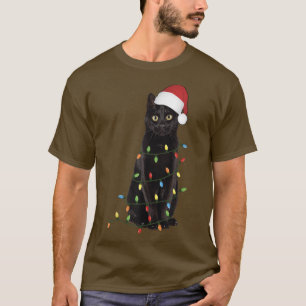 Camiseta Natal Cat Santa Hat Feriado de Gatinho Preto, Gato