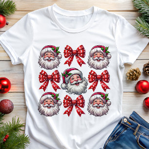Camiseta Natal com Rostos de Papai Noel Retrô e Laços Verme
