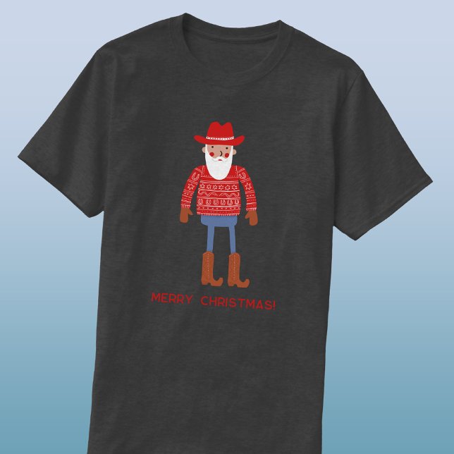 Camiseta Natal com Texto Personalizado Cowboy Santa (Funny Cowboy Santa Claus Christmas holidays T-shirt with custom text)