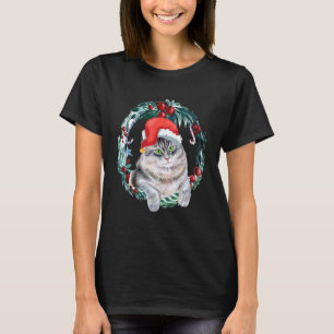 Camiseta Natal da Mulher Gato Floral Árvore de Natal Engraç