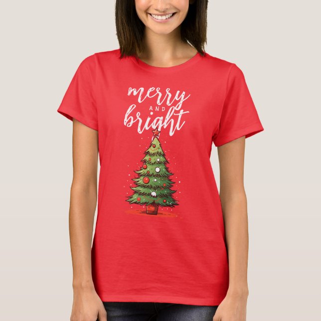 Camiseta Natal das Mulheres Vermelhas Modernas e felizes (Frente)