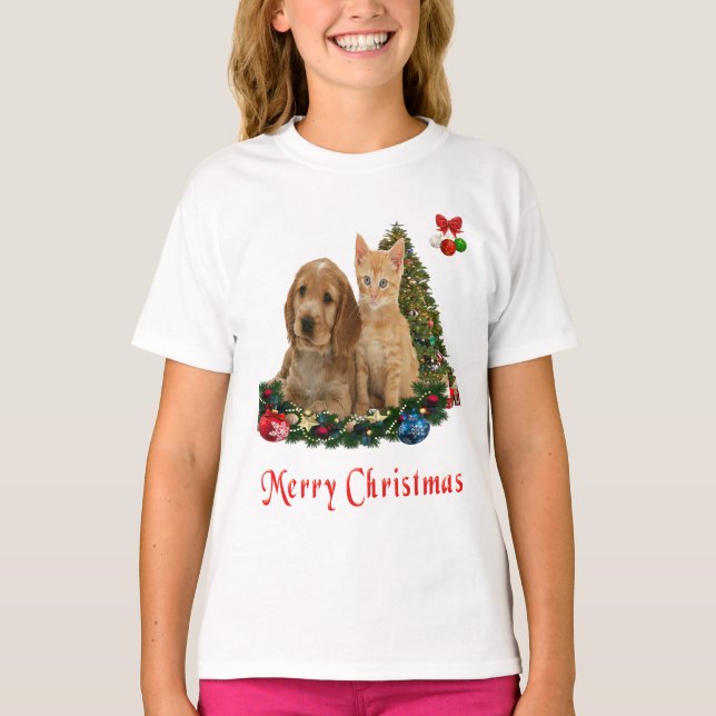 Camiseta Natal de Cachorrinho e Gatinhos  (Frente)