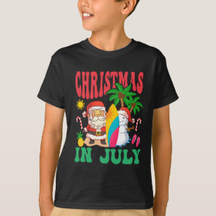 Camiseta Natal de Papai Noel Surfando na Praia Havaiana em 