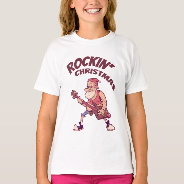Camiseta Natal de Rockin, Papais noeis balançando com Guita (Frente)
