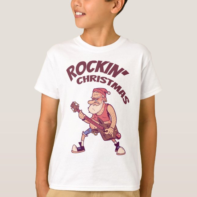 Camiseta Natal de Rockin, Papais noeis balançando com Guita (Frente)