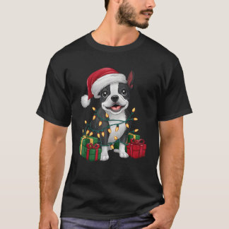 Camiseta Natal de Santa Hat Boston Terrier Dog de Xmas Ligh