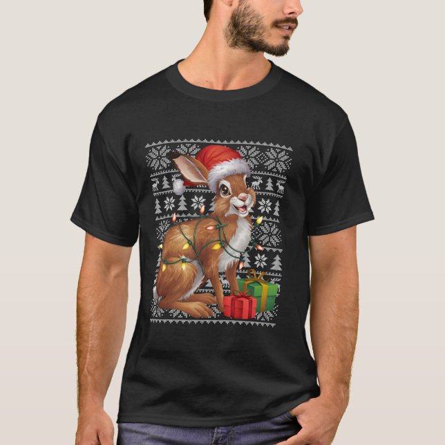 Camiseta Natal de Santa Hat Hare com estilo doce de Natal e (Frente)